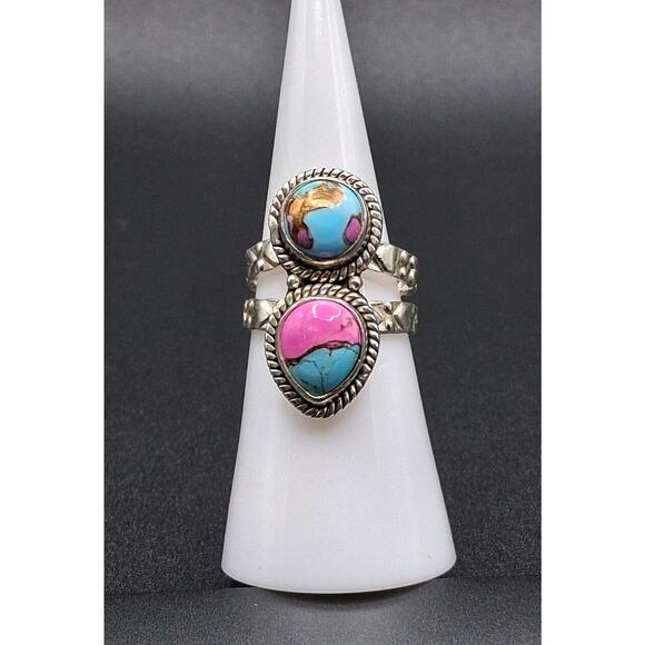 2 Stone Cotton Candy Turquoise Ring, size 6, 925 SS, Southwest Style - Picture 1 of 7
